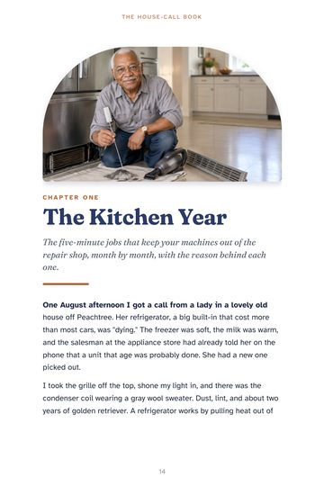 Chapter One opening page with a photo of Clarence cleaning a refrigerator coil