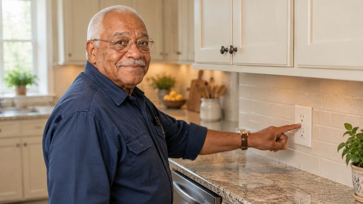 Clarence pressing the reset button on a kitchen outlet