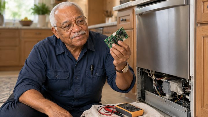 Clarence holding a dishwasher control board next to a multimeter
