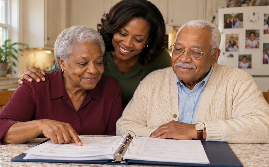 Clarence with his wife and daughter looking through the House-Call File